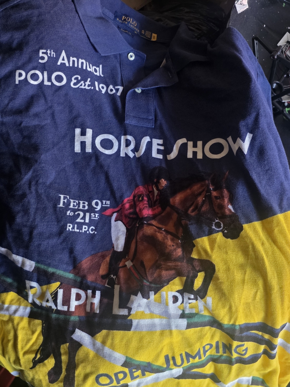 Polo by Ralph Lauren Navy, Yellow & Brown Horse Show Graphic Polo
